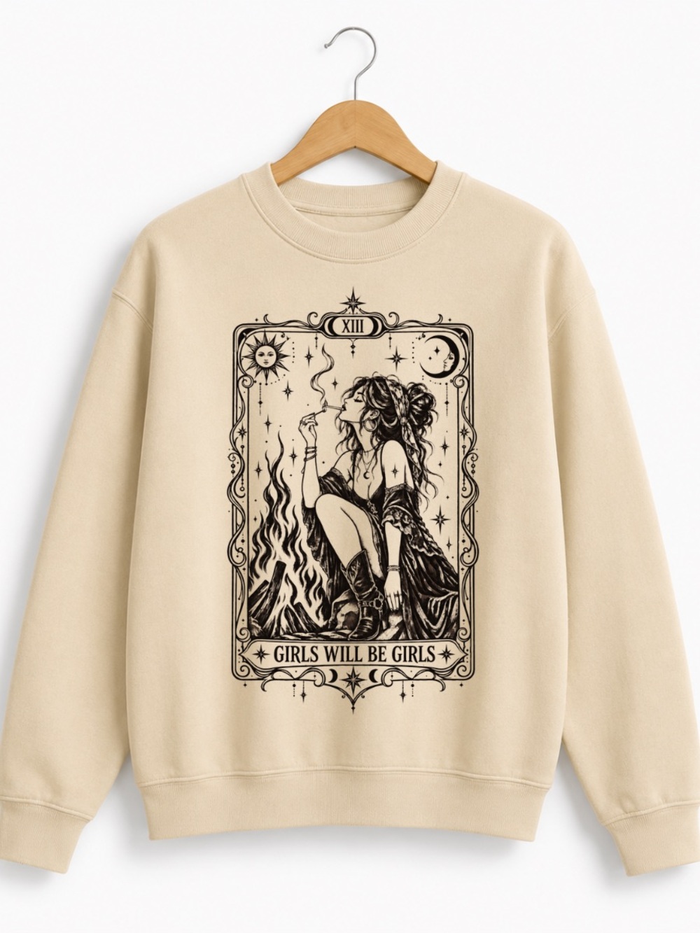 Sand Graphic Crewneck Sweatshirt with Black Tarot Illustration
